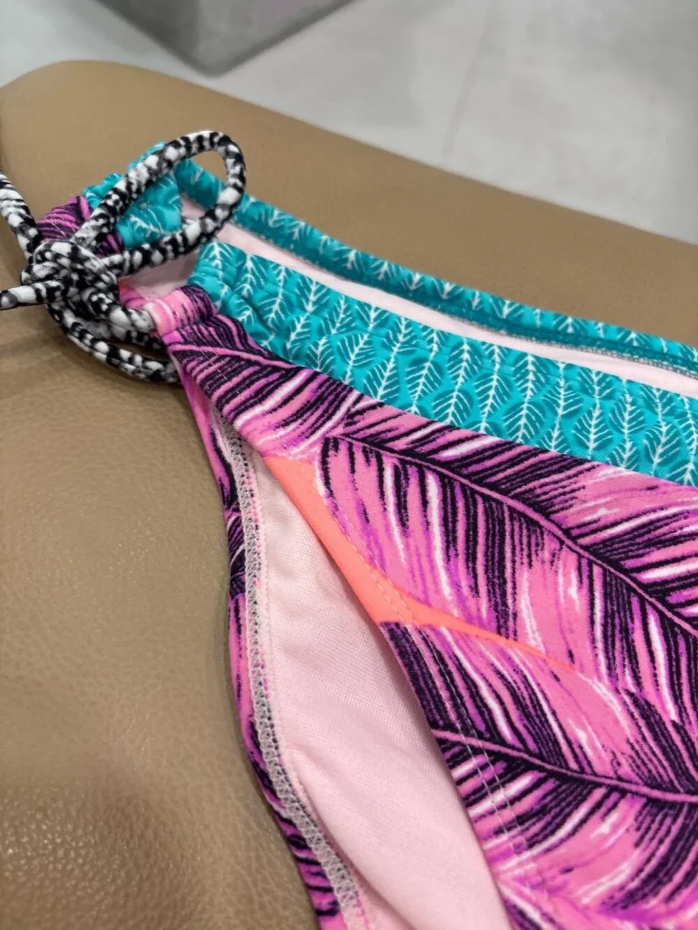 Hula Honey Large Pink Teal Palm Leaf Side Tie Bikini Bottom Boho Cottagecore NWT